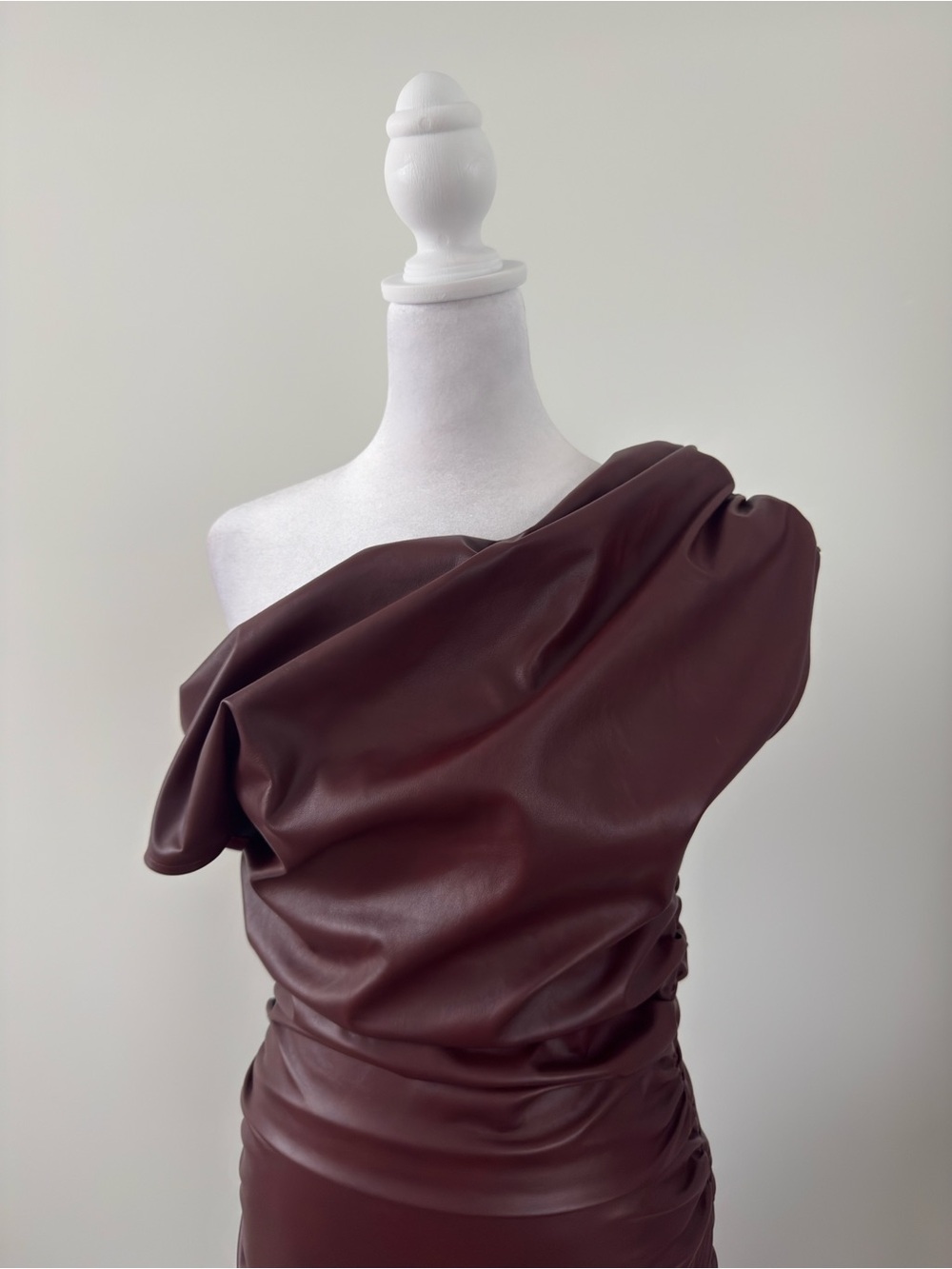 Micas Faux Leather Ruched Boat Neck Asymmetrical Sleeveless Mini Dress Maroon - Picture 3 of 9